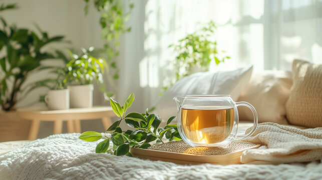Tea kettle with herbal tea on cozy bed in bright room
