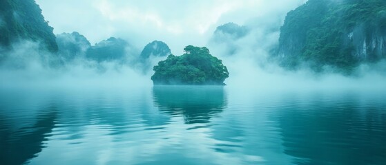 mysterious island shrouded in mist and surrounded by calm waters, Generative AI