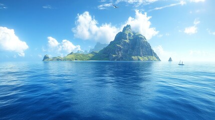 Serene tropical island with majestic mountain view pristine blue sea and fluffy clouds invites wanderlust and evokes a sense of paradise exploration