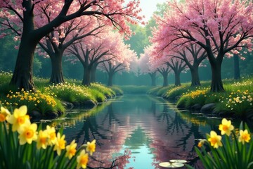 Peaceful pond surrounded by blossoming trees and daffodil flowers, tranquil, growth, reflection
