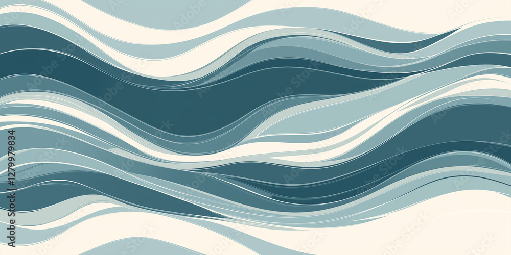 Poster blue and teal waves on a beige background creating a fluid and calming abstract design
