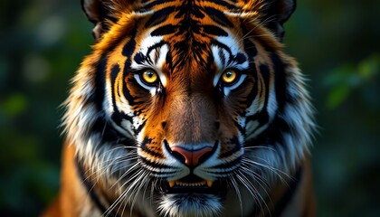 Fototapeta premium Staring Tiger Portrait with Intense Eyes, Orange Fur and Dark Background