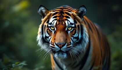 Obraz premium Majestic Tiger Portrait Staring Directly at Camera Amidst Lush Greenery
