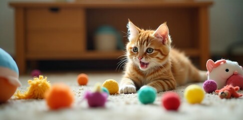 Playful cat surrounded by various toys on the floor, cat, domestic, playful