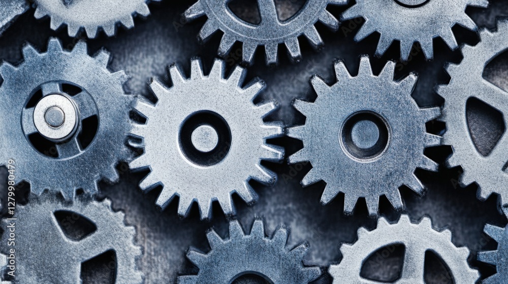 Aufkleber close-up of interlocking metallic gears with a textured background, showcasing mechanical precision