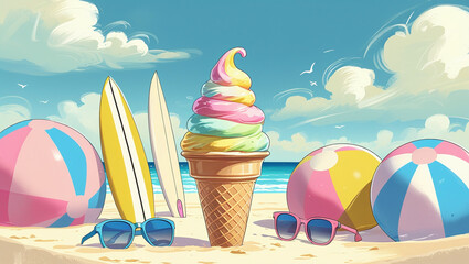 At the center, a deliciously creamy ice cream cone stands tall, its scoops stacked high in playful, swirled layers.