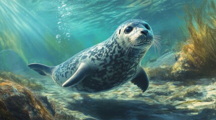 Fototapeta premium Harbor Seal Underwater in Ocean Sunlight