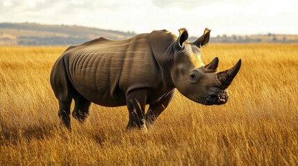 Obraz premium White Rhinoceros in Golden Grassland