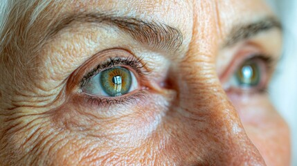 Close up portrait of an elderly woman with striking green eyes and wisdom lines, showcasing emotions of contemplation and experience during a soft lit interior