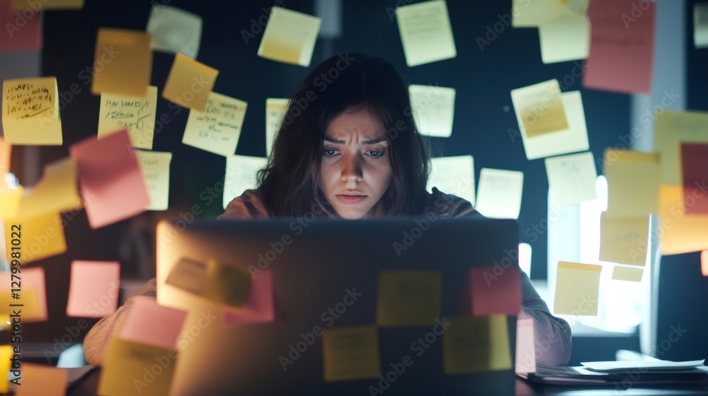 Poster stressed professional faces a computer screen, surrounded by numerous sticky notes. the scene captur
