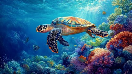 Naklejka premium Sea Turtle Swimming in Vibrant Coral Reef Underwater