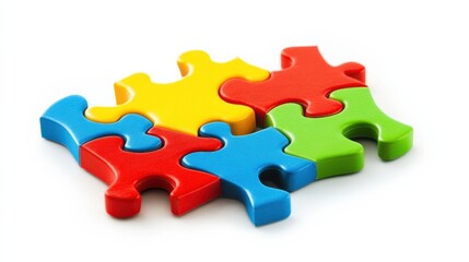 Obraz premium Colorful interlocking puzzle pieces arranged on a white background, symbolizing creativity and problem-solving