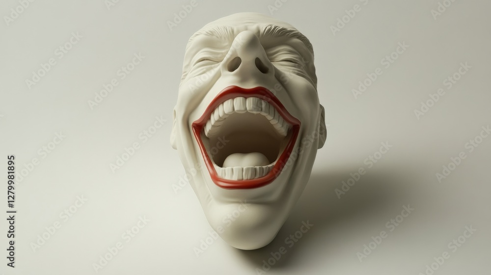Poster abstract sculpture of a laughing face with exaggerated features on a plain background
