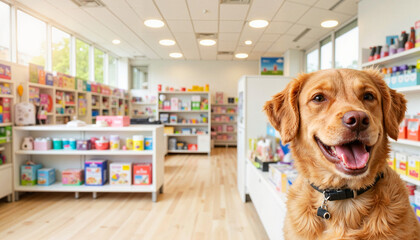 Happy dog posing in bright pet shop interior, cheerful atmosphere