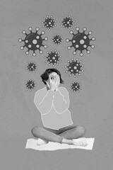 Exclusive magazine picture sketch collage image of funny lady arms cover eyes scared corona virus isolated painting background