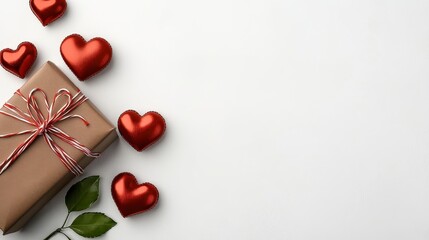 Fototapeta premium Romantic Valentine's Day Gift Flatlay with Red Foil Hearts and Copy Space