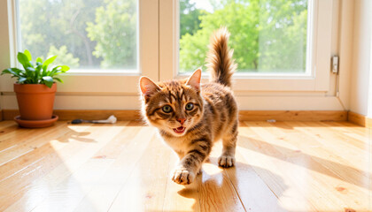 Curious Abyssinian kitten playing in sunlit room, joyful exploration