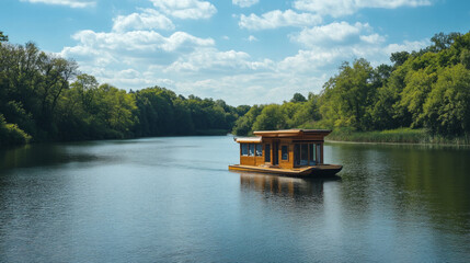 Obraz premium A serene eco cabin boat floats peacefully on a tranquil lake surrounded by nature. AI generative