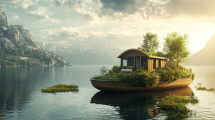 Obraz premium A serene eco cabin boat floats peacefully on a tranquil lake surrounded by nature. AI generative