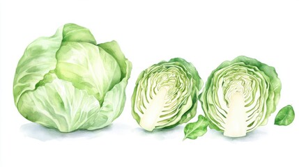 Fototapeta premium A fresh green cabbage, sliced to reveal its crisp, inner layers. Perfect for healthy meals, salads, or adding crunch to various dishes.