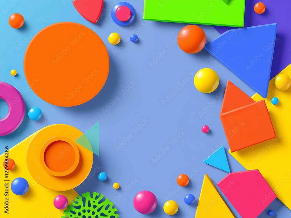 Poster vibrant colorful geometric shapes creating dynamic visual pattern against bright blue background art
