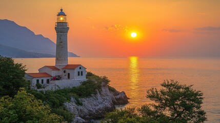 Coastal Lighthouse Sunset, Adriatic Sea, Mountain Background, Travel Brochure