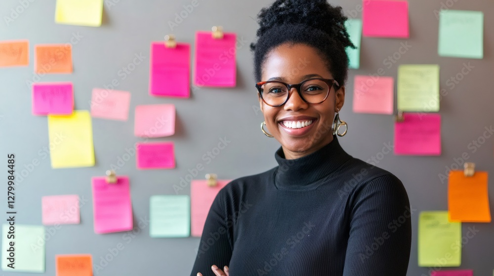 Poster confident professional standing in front of a wall covered in colorful sticky notes, symbolizing mul