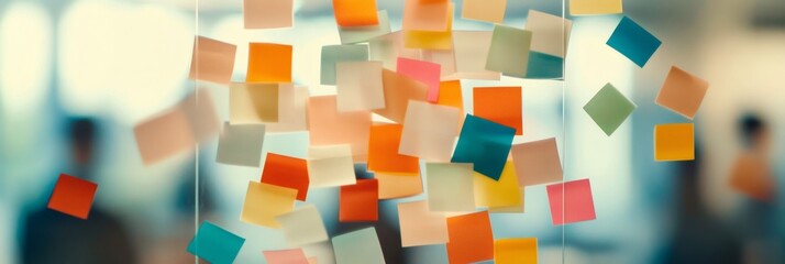 Vibrant sticky notes scattered in the air symbolize the chaos of multitasking, time management, and stress in a busy work environment. The scene reflects the pressure of meeting deadlines