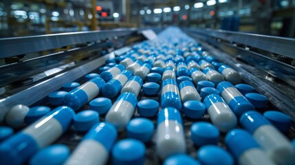 Obraz premium Capsule pills in blue and white colors move along the conveyor belt in a pharmaceutical facility, reflecting an organized and efficient production process.