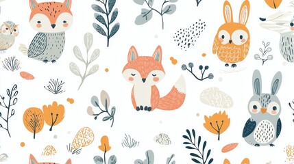 A delightful illustration featuring various cute woodland animals including owls, rabbits, and a fox, surrounded by colorful plants and flowers.