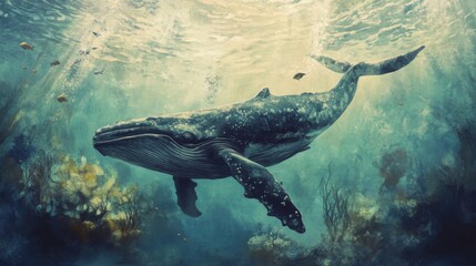 Fototapeta premium Humpback Whale Underwater in Teal Ocean