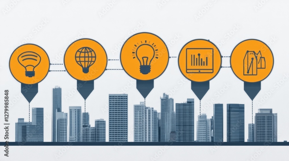 Poster cityscape innovation roadmap visual showcasing urban development and sustainable solution linked by 