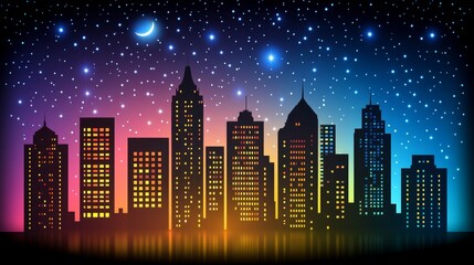 Naklejka premium Metropolitan glow cityscape illustration twinkling lights urban silhouette against starry sky gradient vibrant vector backgrounds