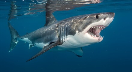 Fototapeta premium Powerful Shark Swimming In Deep Blue Ocean With Open Mouth Displaying Sharp Teeth