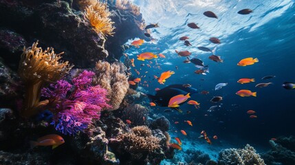 Naklejka premium Vibrant Underwater Coral Reef Scene with Colorful Fish
