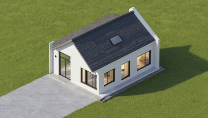Fototapeta premium Small Modern House on Grassy Lawn. Top-Down View. Possible Use Real Estate Presentation