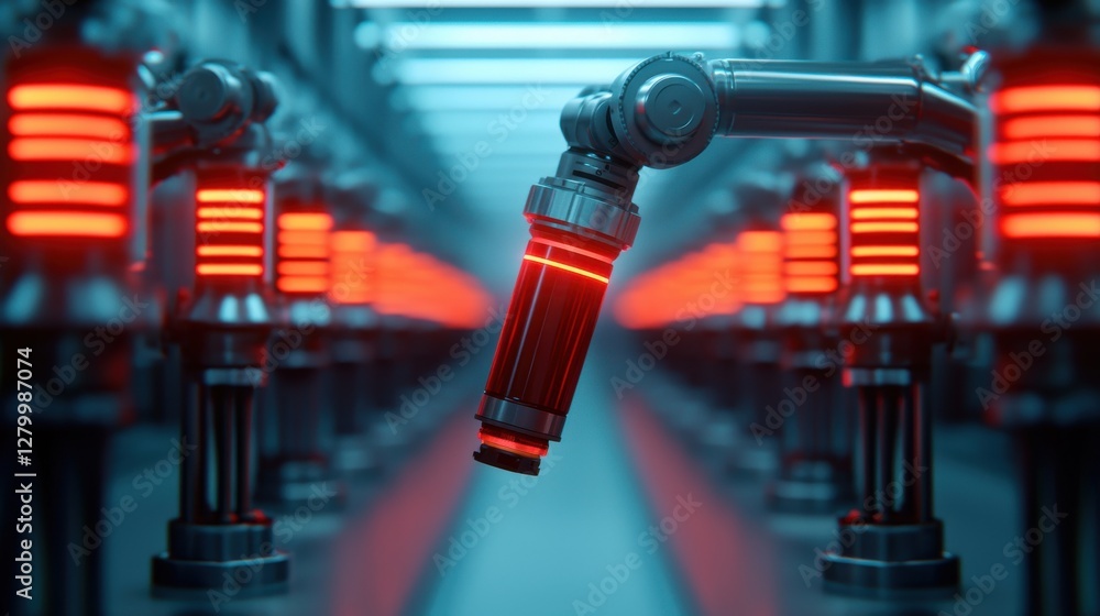 Poster a robotic arm in an industrial setting, showcasing advanced technology and automated processes.