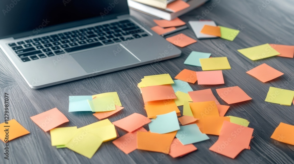 Poster cluttered workspace features a laptop surrounded by colorful sticky notes, symbolizing multitasking,