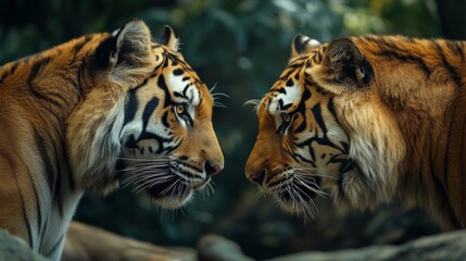 Obraz premium Two Tigers Face Off in Lush Forest Setting