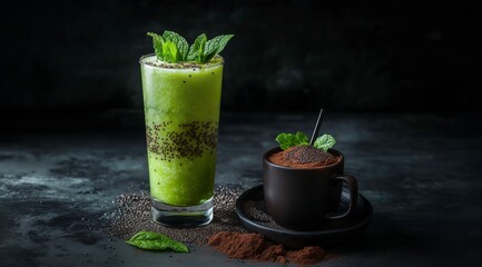  Refreshing Elixir: A vibrant green smoothie, artfully layered, stands beside a small cup of cocoa, both garnished with fresh mint, on a dark, textured surface.
