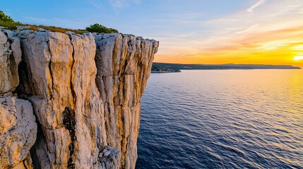 Stunning Coastal Cliff Overlooking Tranquil Sea at Sunset