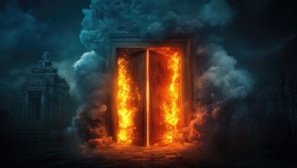 Fototapeta premium Burning Temple Doorway at Night
