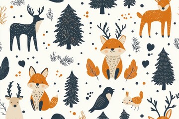 A whimsical illustration featuring playful forest animals, including foxes, deer, and various trees, creating a cheerful woodland scene.