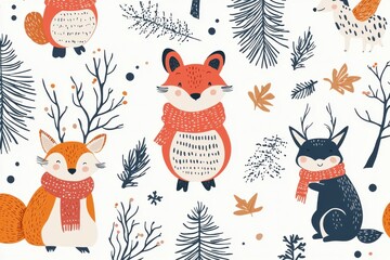 A whimsical pattern featuring cute woodland creatures like foxes and deer, adorned with scarves amidst a backdrop of pine trees and foliage.