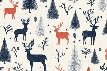 A whimsical pattern featuring deer and trees, combining nature's elements with a playful design, perfect for textiles or home decor projects.
