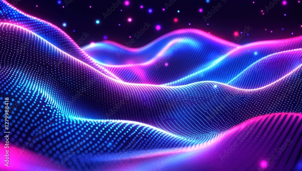 Poster abstract neon waves with glowing dots and soft curves create a vibrant, colorful digital landscape i