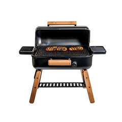 A sleek black grill with wooden accents, featuring a grill grate with food items cooking above it.
