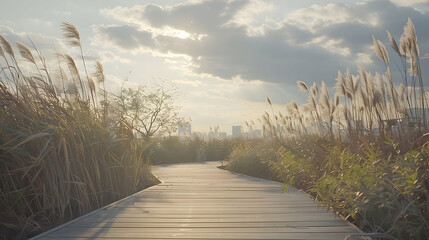 Fototapeta premium Pathway through golden reeds with city skyline in the distance