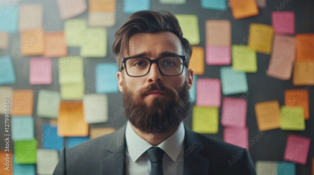 Poster Business professional stands before a wall covered in colorful sticky notes, symbolizing the chaos and pressure of balancing tasks and meeting deadlines in a fast paced work environment