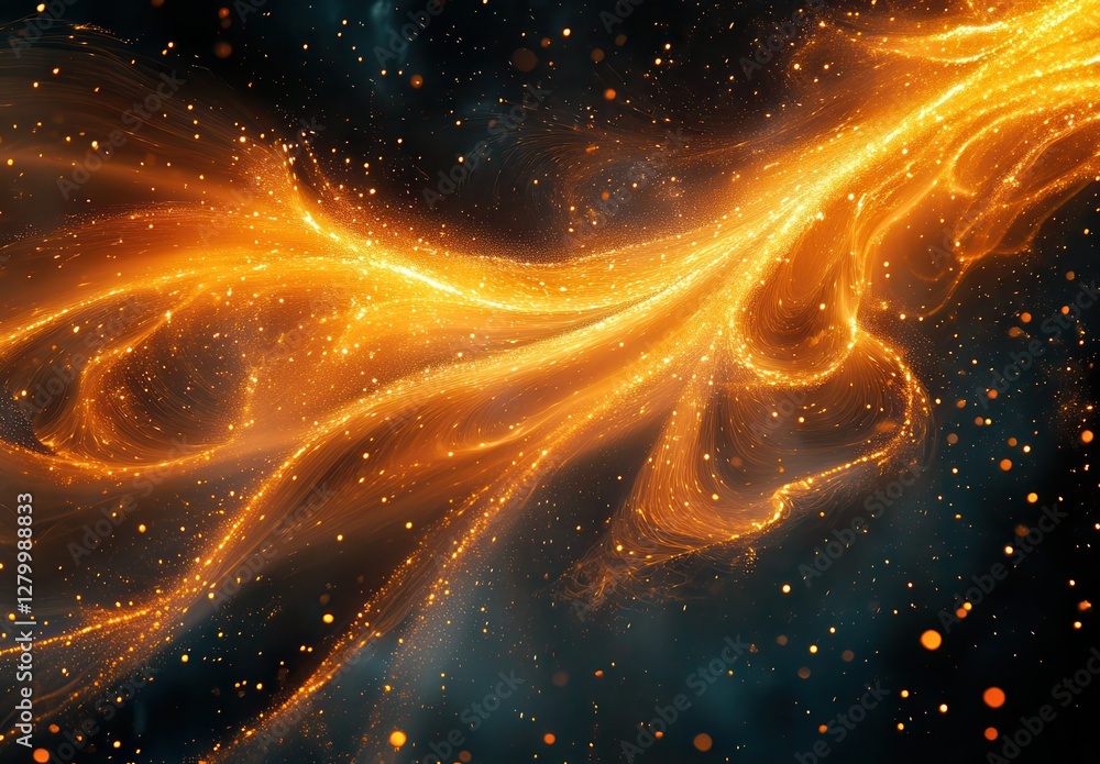 Poster abstract swirling golden light with sparkling particles against a dark cosmic background creating a 